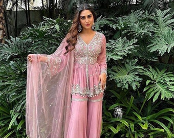 Bollywood Inspired Short Pink Embroidery Kurta with sharara set Star wedding dress Kurti palazzo pants Indian Dress Salwar kameez Readymade