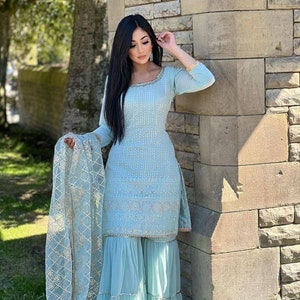 New Designer Beautiful Sky Blue Partywear Straight Kurta Sharara & Dupatta set, 3 pc Embroidered Pakistani Salwar Kameez Readymade Dresses