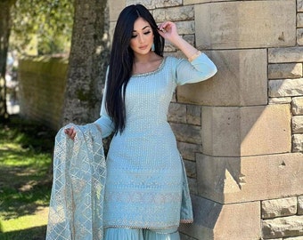 New Designer Beautiful Sky Blue Partywear Straight Kurta Sharara & Dupatta set, 3 pc Embroidered Pakistani Salwar Kameez Readymade Dresses