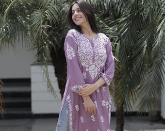 Super comfortable Beautiful Purple Lucknowi Chikankari Kurta for  women/Girls, Casual/Partywear Ready to wear Embroidered Long Straight Kurti