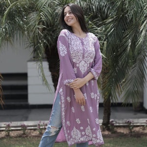 Super comfortable Beautiful Purple Lucknowi Chikankari Kurta for women/Girls, Casual/Partywear Ready to wear Embroidered Long Straight Kurti