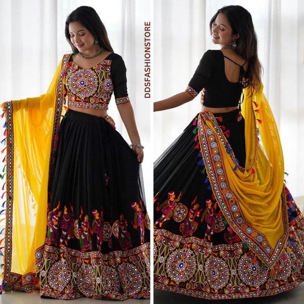 Navratri Special Black and Yellow Embroidered &  Mirror Work Lehenga Choli Top Tunic Combo Ready to wear ,Navratri Chaniya Choli for women