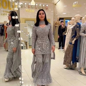 Star Wedding Dress Embroidered Grey Sharara Set Kurti Palazzo
