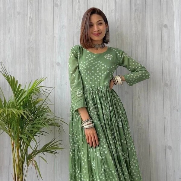 Indian Ethnic Green Bandhani Cotton Kurta Palazzo set Readymade, 2 pc Long Flared Salwar Kameez Partywear for women/ Girls, Free shipping