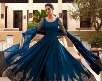 Designer Blue Long Flared Anarkali Kurti with Designer Back , Floor-Length Kurti , Embroidered Salwar Kameez Readymade Indian Dresses