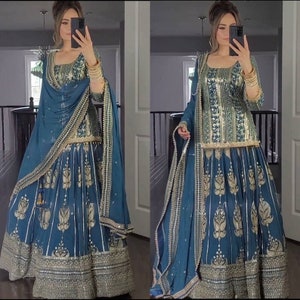 Premium Desginer Blue Straight Short Kurta with Lehenga and Dupatta Partywear Ready to wear Kurta set, Pakistani Embroidered Suit \Stitched