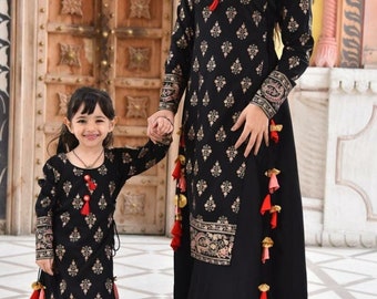 Elegant Black Printed Gown Mother Daughter Dress Combo, Indian Long Kurta for women and Girls Readymade - Black Anarkali Long Flared Kurta