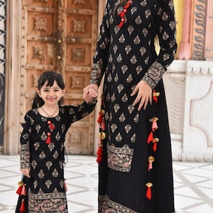 Elegant Black Printed Gown Mother Daughter Dress Combo, Indian Long Kurta for women and Girls Readymade - Black Anarkali Long Flared Kurta