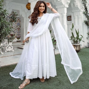 Premium Pure White Chikankari Anarkali Suit with Pant and Dupatta, Full Flared Embroidered Cotton Elegant Salwar Suit set Reaymade upto 5xl