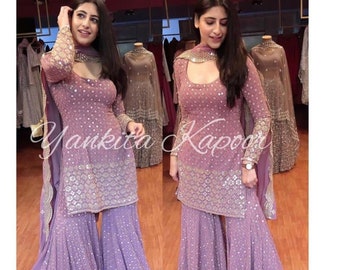 Premium Indian Bollywood Inspired Georgette Heavy Embroidered Short Kurta Sharara & Dupatta, Trendy Partywear/ Bridesmaids Dresses for Girls