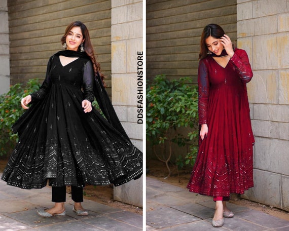 Best Selling Indian Black / Red Embroidered 3 Pc Long Flared
