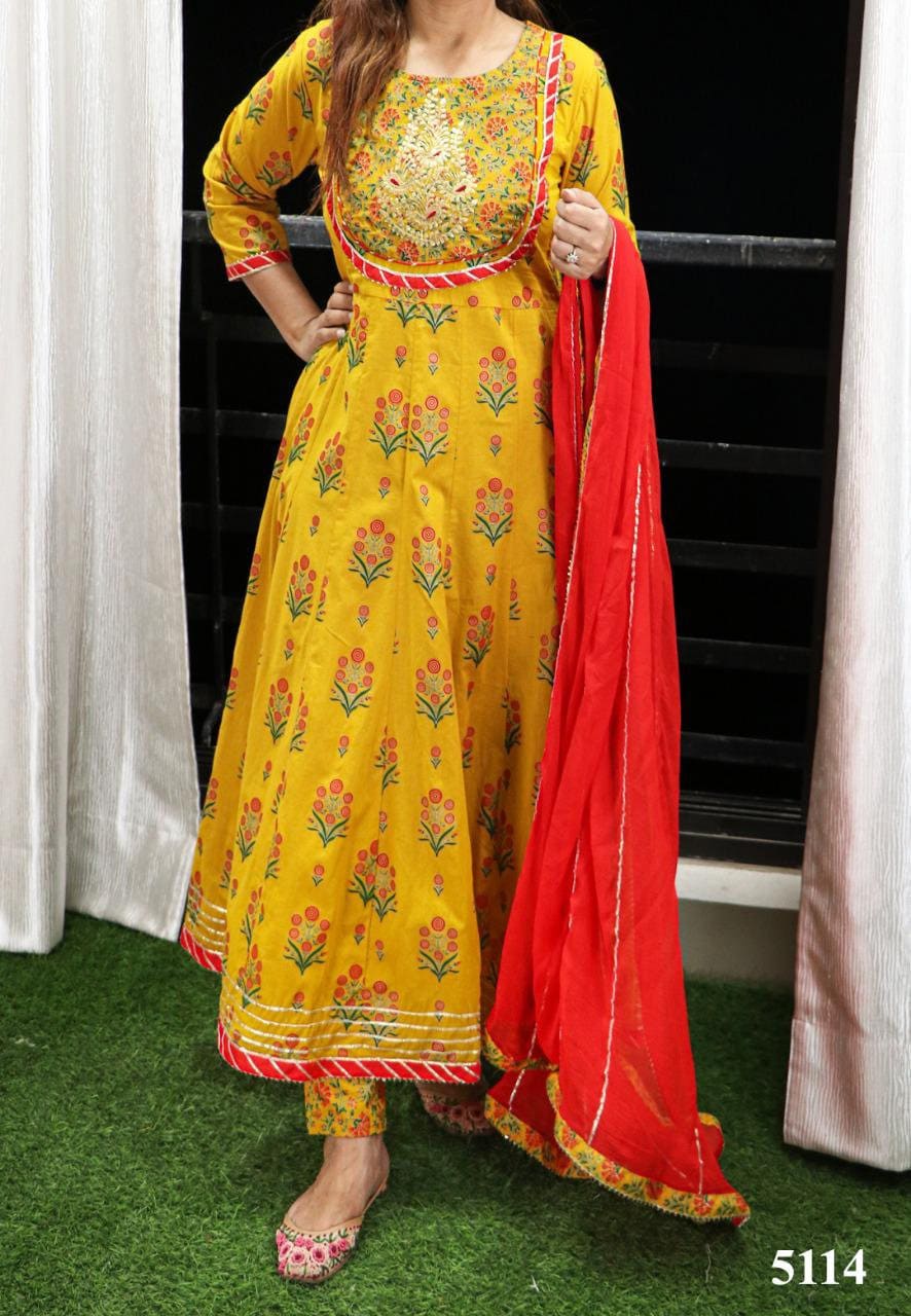 Attractive Block Print with Handwork Yellow Anarkali Kurti with Pant …