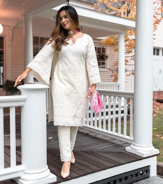 Beautiful Pakistani Chikankari Kurta With Pant 2 Piece Set, Embroidered  Party / Casual Wear Readymade White Salwar Kameez Size Upto 5xl 