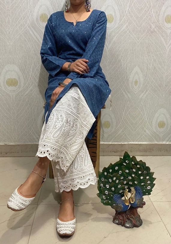 Handcrafted Chikankari Kurta Palazzo Set Cotton Customizable Colors Ethnic Indian Fashion Salwar Kameez 2 pc Personalized Fit