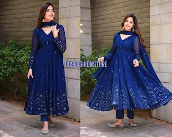 Best Selling Indian Blue Embroidered 3 pc Long Flared Anarkali Suit set, Partywear Georgette Anarkali Suit set for women Readymade upto 5XL