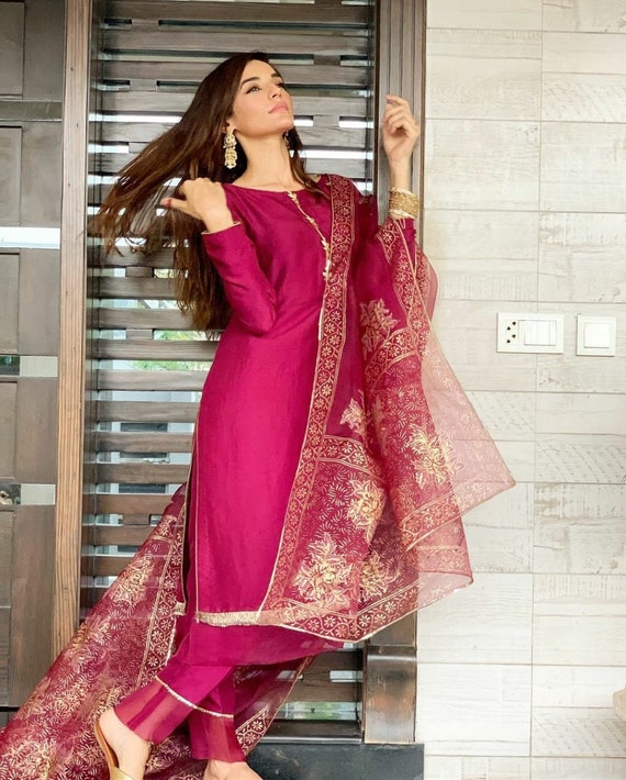 Beautiful 3 Piece Pink Salwar Kameez With Chanderi Duppatta, Indian  Designer Festive/ Partywear Straight Kurta With Pant Set Readymade 5XL 