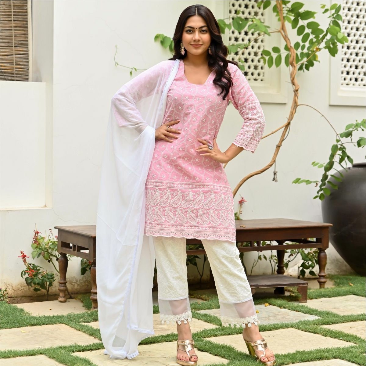 Beautiful Premium Pink Embroidered Partywear Kurta Set for Women / Girls,  Readymade Cotton Chikankari Elegant Suit Set Plus Sizes Upto 7xl 