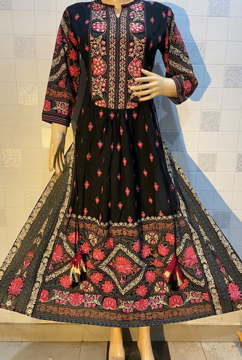 Designer Black Long Kurti Kurta For Women Indian Bridesmaid Dresses Elegant Flared Kurti with Handwork and Beautiful print with Pant