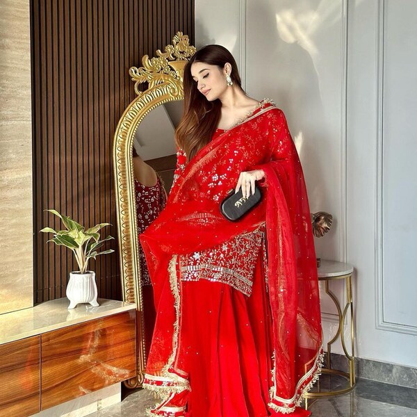 Ensemble sharara rouge brodé pakistanais Pantalon palazzo Designer Kurti Robe indienne Costume Sharara ensemble Salwar Kameez Readymade Partywear