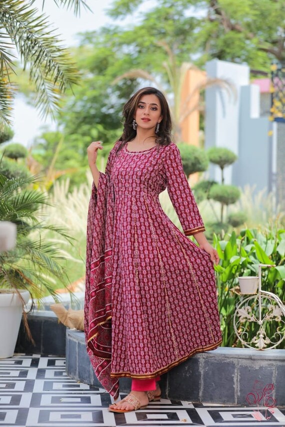 Indian Long Flared Cotton Anarkali Suit 