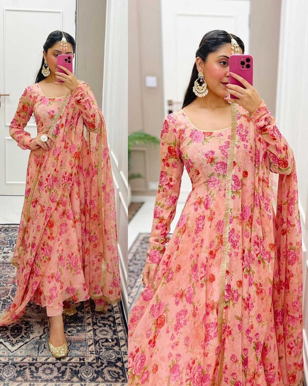 Premium Indian Designer Floral Print Full Flared Anarkali Long Flared Peach  Kurta Kurti With Pant and Dupatta Readymade Salwar Kameez Set 