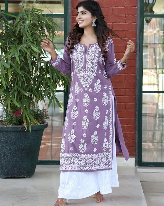 Firoji Rayon Traditional Wear Lucknowi Work Kurti With Palazzo