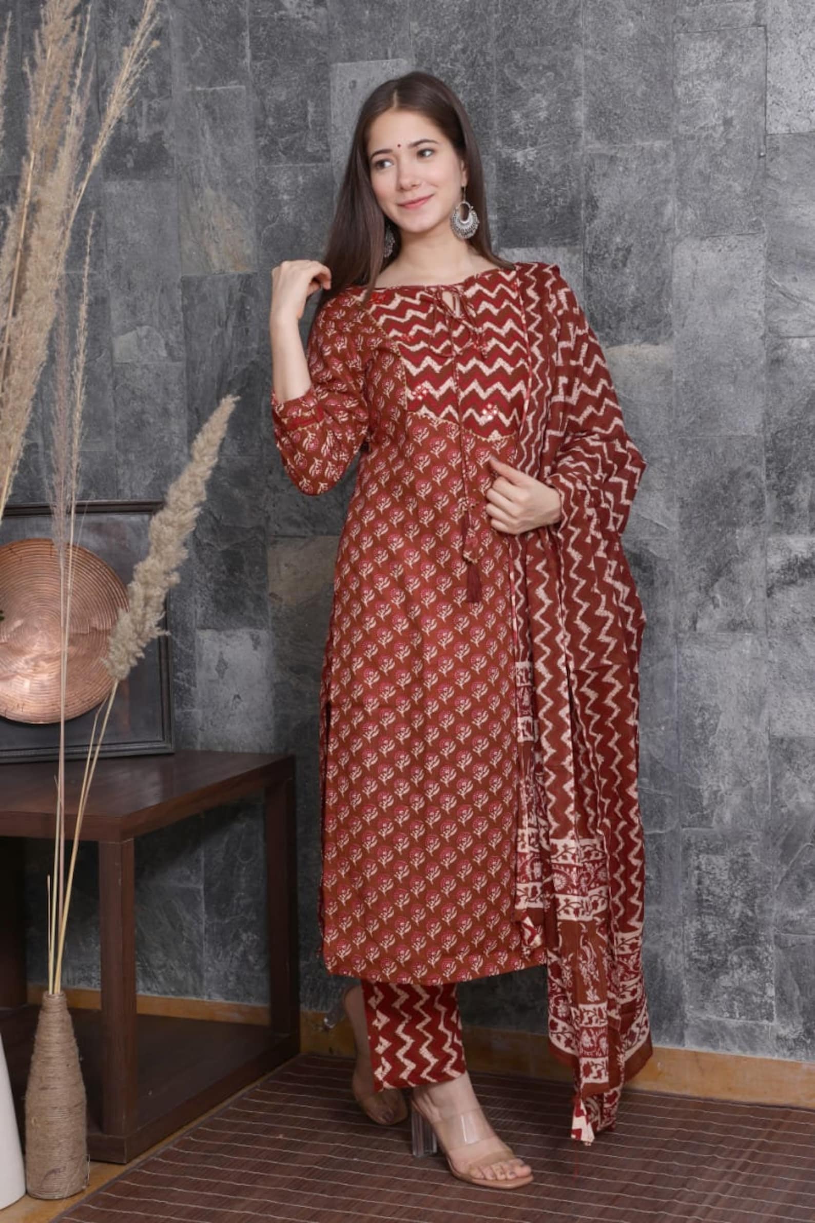 Classic Wine color Cotton Straight Kurta Pant set for women Etsy