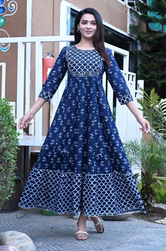 Casual/ Partywear Handwork Blue Long Flared Kurta Fully Stitched