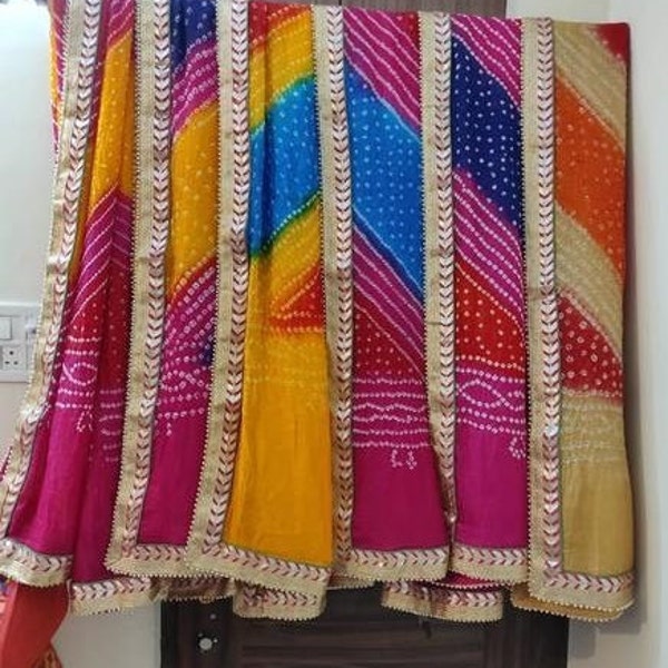 Indian Bandhej Tapeta Silk 2.5 Meter Long Multicolor Dupatta for women, Traditional Beautiful Scarves with Heavy Border, Bulk Available