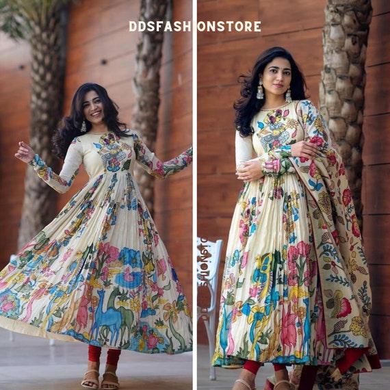 Amala - Fit and Flare Ivory Long Dress with Kalamkari Print Georgette –  Shobitam
