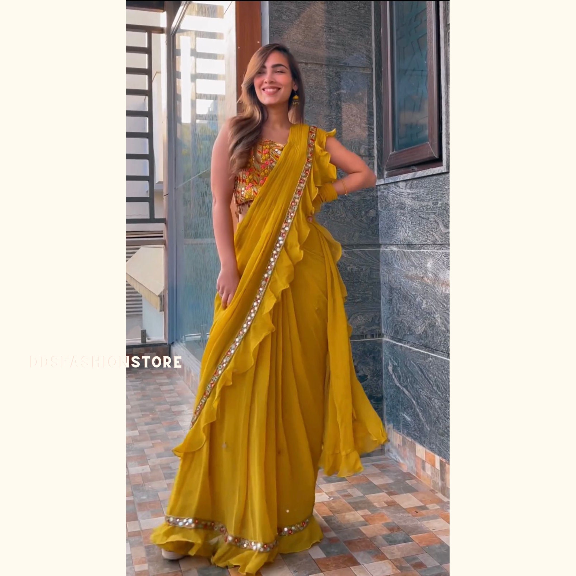 Ready to Wear Saree Yellow Mirror Work Partywear Outfit, Indian Premium  Embroidery Readymade Saree Pre Drape Saree for Women / Girls 