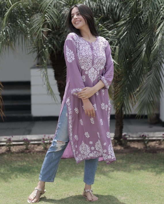 Super comfortable Beautiful Purple Lucknowi Chikankari Kurta for  women/Girls, Casual/Partywear Ready to wear Embroidered Long Straight Kurti