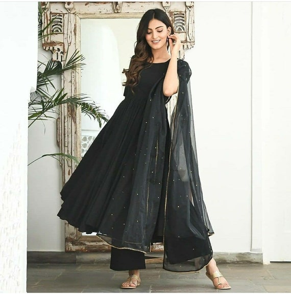 Instant Charm Black Gown With Latkan, Pakistan Salwar Kameez Black Kurti  With Pant & Duppatta for Woman, 3 Piece Kurti Palazzo Set for Woman 