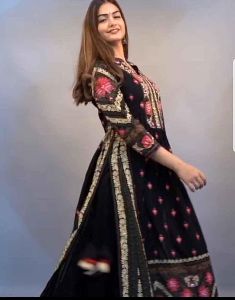 Designer Black Long Kurti Kurta For Women Indian Bridesmaid Dresses Elegant Flared Kurti with Handwork and Beautiful print with Pant