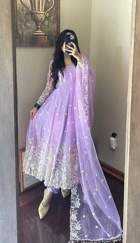 Indian Premium Georgette Lavender Color Embroidered Heavy Work - Etsy