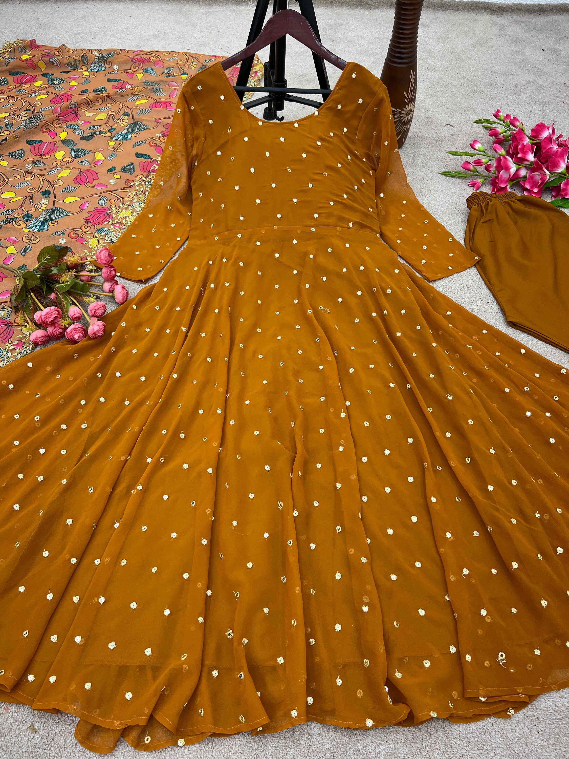 Georgette Casual Gown in Beige and Brown with Bugle Beads work | Indian  party wear dresses, Party wear dresses, Casual gowns