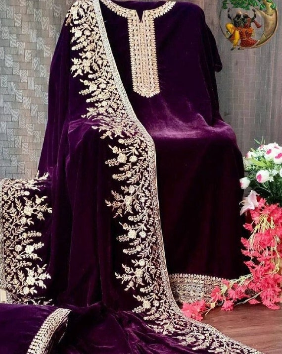 Pakistani Designer Zari Embroidered 3 Pc Purple Velvet Straight Kurta  Palazzo Set With Velvet Dupatta, Partywear / Winter Salwar Kameez Set 