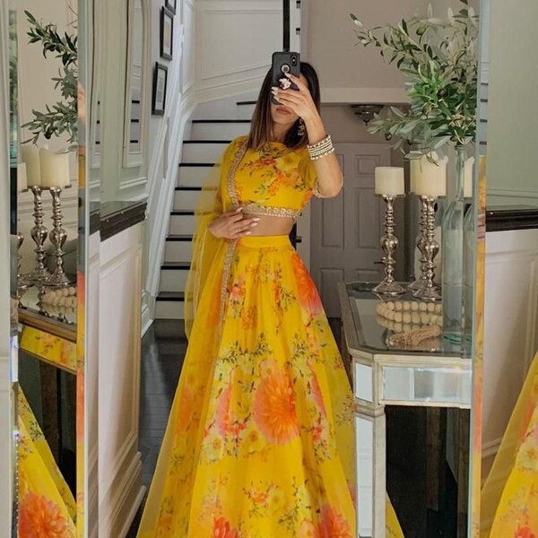 Haldi Ceremony Lehenga Set- Floral Yellow Bridal Organza Lehenga Set - Unique Bridesmaids Indo-Fusion Skirt - Indian Ready to wear Dresses