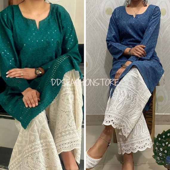 Handcrafted Chikankari Kurta Palazzo Set Cotton Customizable Colors Ethnic  Indian Fashion Salwar Kameez 2 Pc Personalized Fit 
