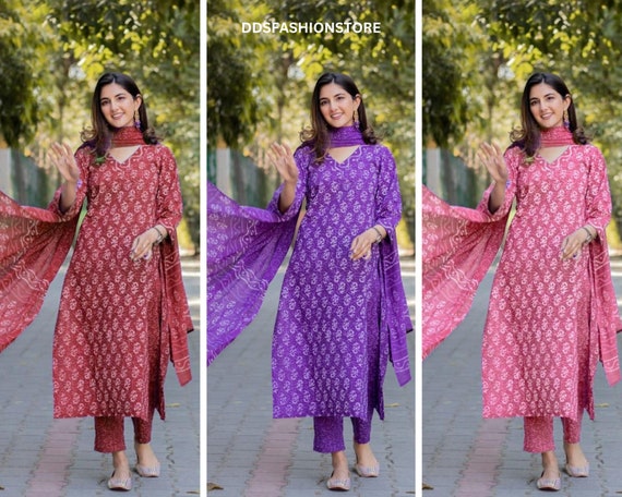 Indian Cotton Printed Straight Kurta Pant & Dupatta Dress 3 Pc Kurta Sets  Women Salwar Kameez Readymade Indian Clothes 