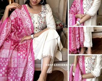 Beautiful Khadi Cotton Embroidery Straight Kurta sets women with Pink Dupatta Salwar Kameez Readymade indian clothes Indian Cotton