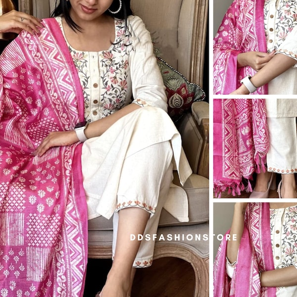 Beautiful Khadi Cotton Embroidery Straight Kurta sets women with Pink Dupatta Salwar Kameez Readymade indian clothes Indian Cotton