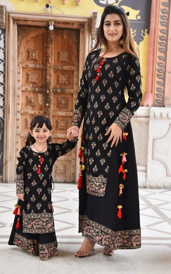 Elegant Black Printed Gown Mother Daughter Dress Combo, Indian Long Kurta  for Women and Girls Readymade Black Anarkali Long Flared Kurta 