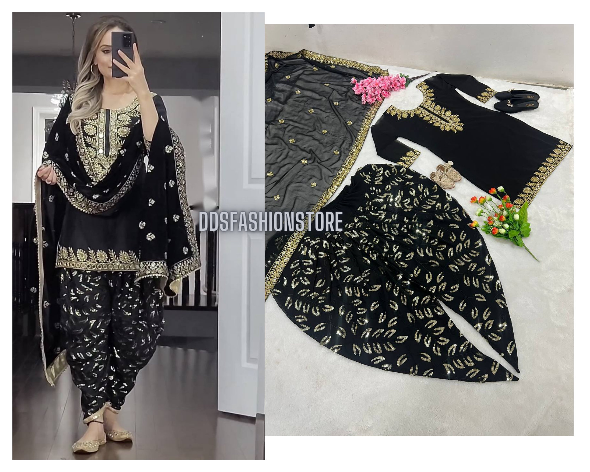 Hot Black Chic Look Short Kurta With Dhoti/ Patiala & Dupatta, Partywear  Heavy Embroidered Designer Salwar Kameez Readymade, Black Patialas 