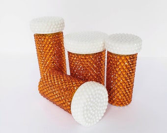 Crystallized Pill Bottles - Medicine Container with hand-placed Orange Rhinestones & Bedazzled Child-proof Cap - Home decoration and Storage