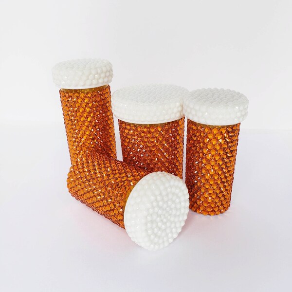 Crystallized Pill Bottles - Medicine Container with hand-placed Orange Rhinestones & Bedazzled Child-proof Cap - Home decoration and Storage