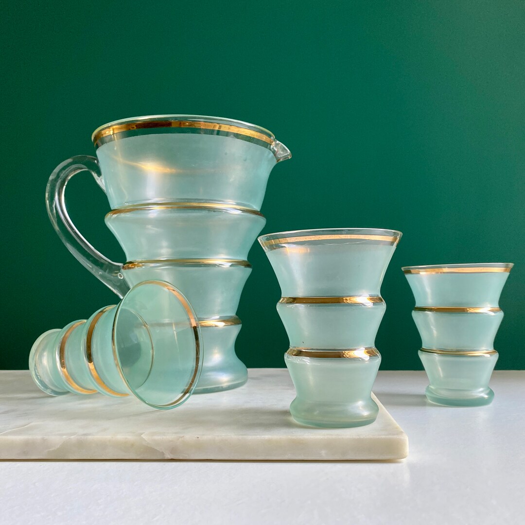 Vintage Frosted Glass Pitcher & Glasses Set 1950s Hooped Jug Etsy