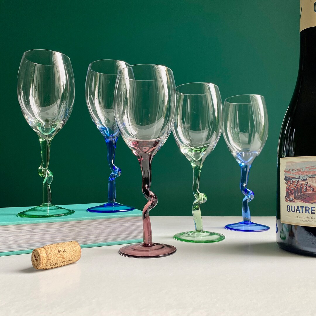 Set of 5 Vintage Twisted Stem Wine Glasses Colourful Stem Etsy