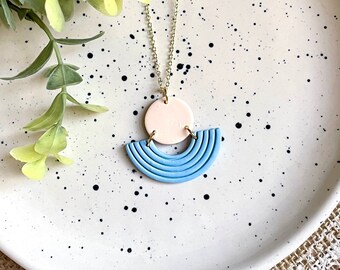 Everyday Necklace | Polymer clay necklace | Statement Necklace | Funky | Boho | 50th Birthday gift | Roundabout Pendant - Blue/White