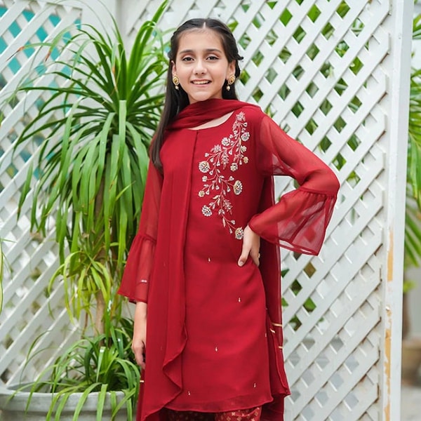 Maroon Chiffon : 3 Piece Embroidered Girls Dress